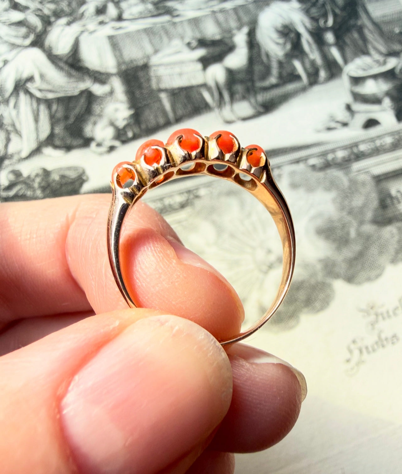 ANTIQUE • Victorian 15ct Yellow Gold Natural Coral 5-Stone Ring