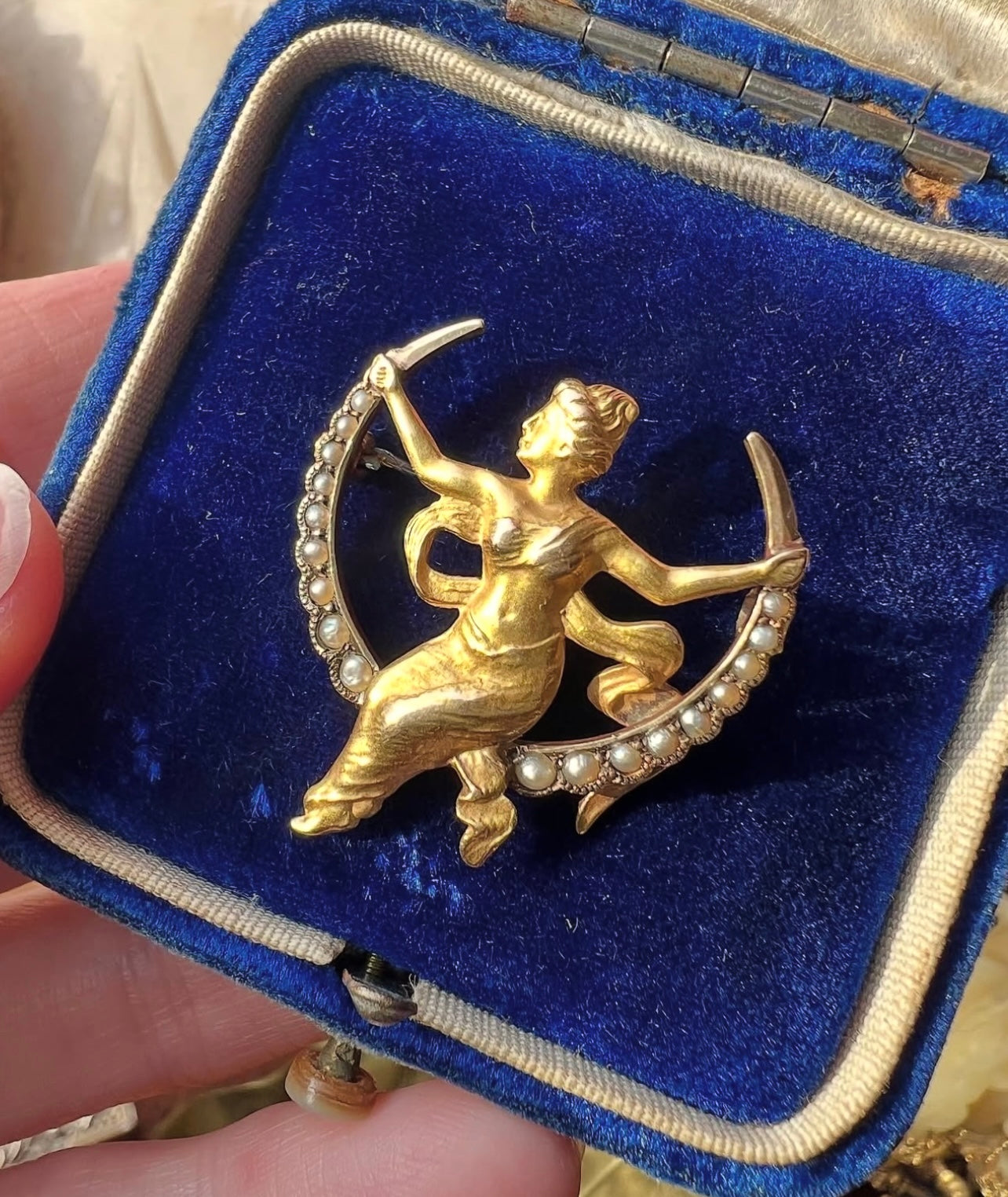 ANTIQUE • Art Nouveau 10k Yellow Gold Repoussé Female Swinging on Seed Pearl Crescent Brooch