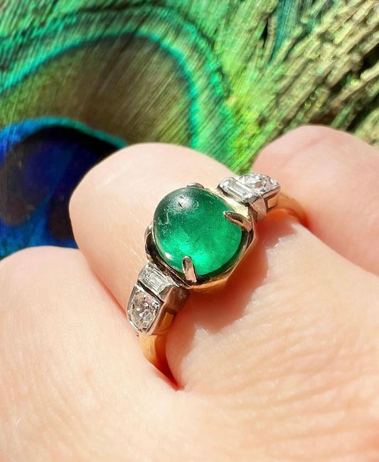 ANTIQUE • Art Deco Two-tone 14k w/ Emerald, OMC Diamond & Baguette Diamond Ring