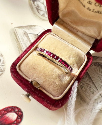 ANTIQUE • Art Deco 14k White Gold Square Cut Ruby Eternity Band Ring Sz. 6.5