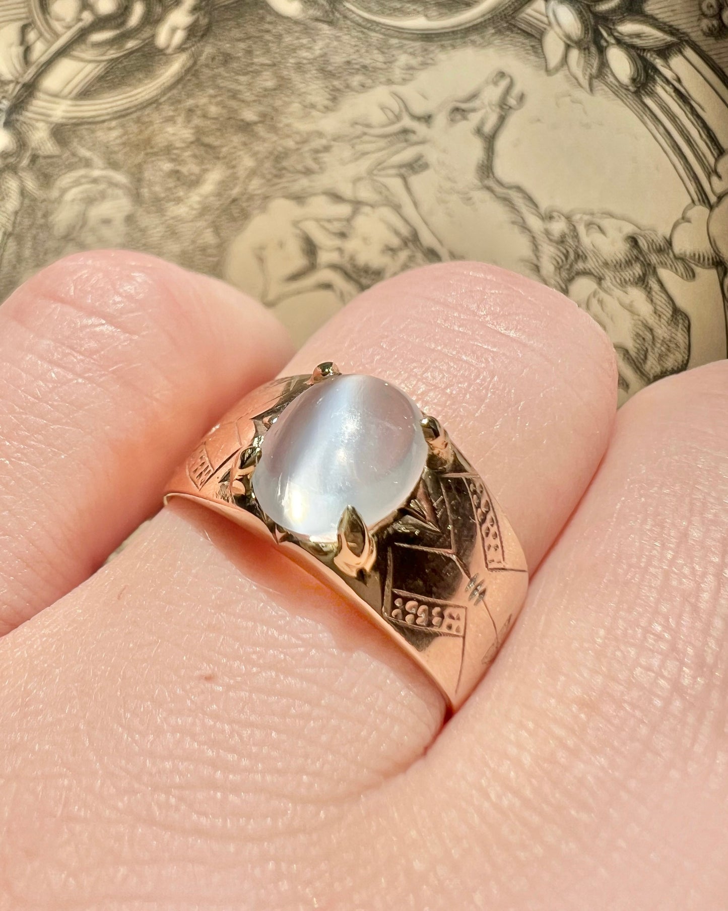 ANTIQUE • Art Nouveau 8k Rosy Gold German Jugendstil Engraved Moonstone Ring