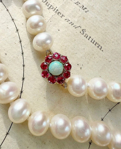 ANTIQUE • Victorian 14k Gold w/ Ruby & Opal Pearl Strand Necklace
