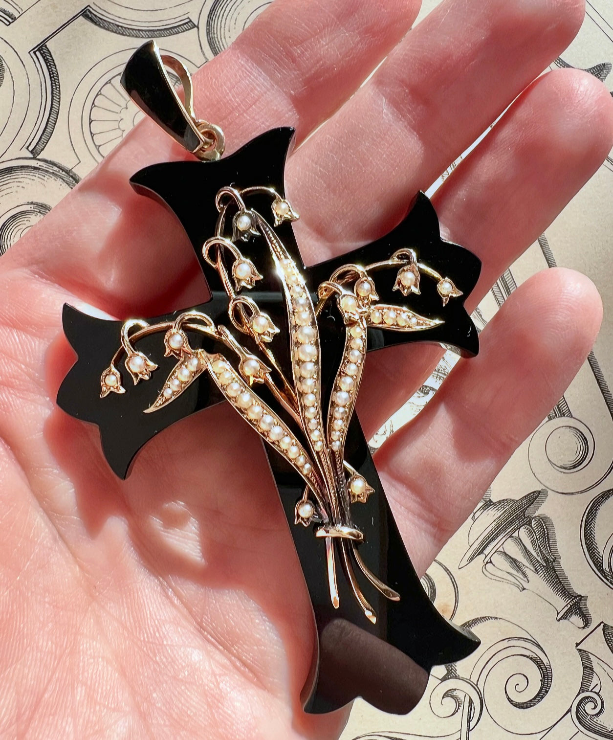 RESERVED • Victorian Onyx 14k Yellow Gold w/ Seed Pearls Mourning Cross Pendant (Payment Plan for “CM”)