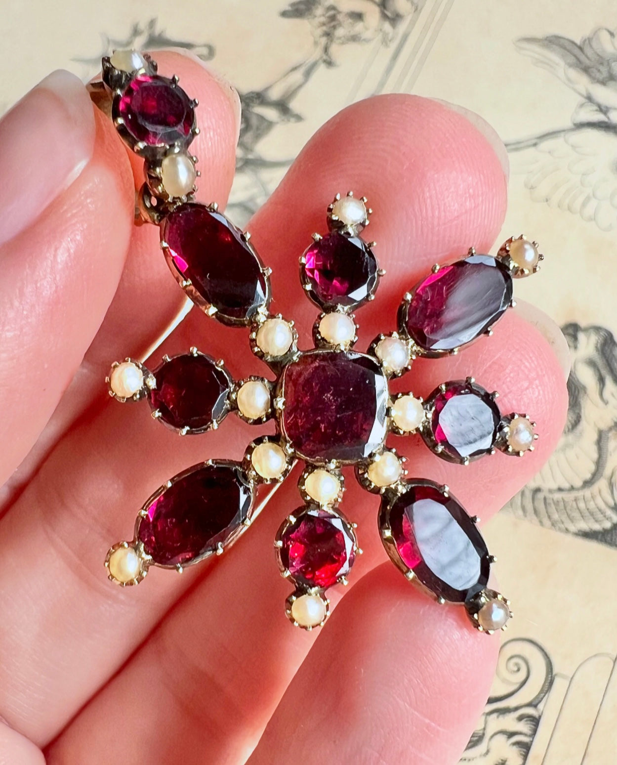 ANTIQUE • Georgian 14k Yellow Gold Foiled Garnet & Seed Pearl Cruciform Pendant