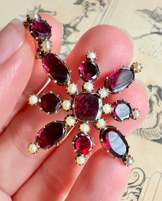 ANTIQUE • Georgian 14k Yellow Gold Foiled Garnet & Seed Pearl Cruciform Pendant