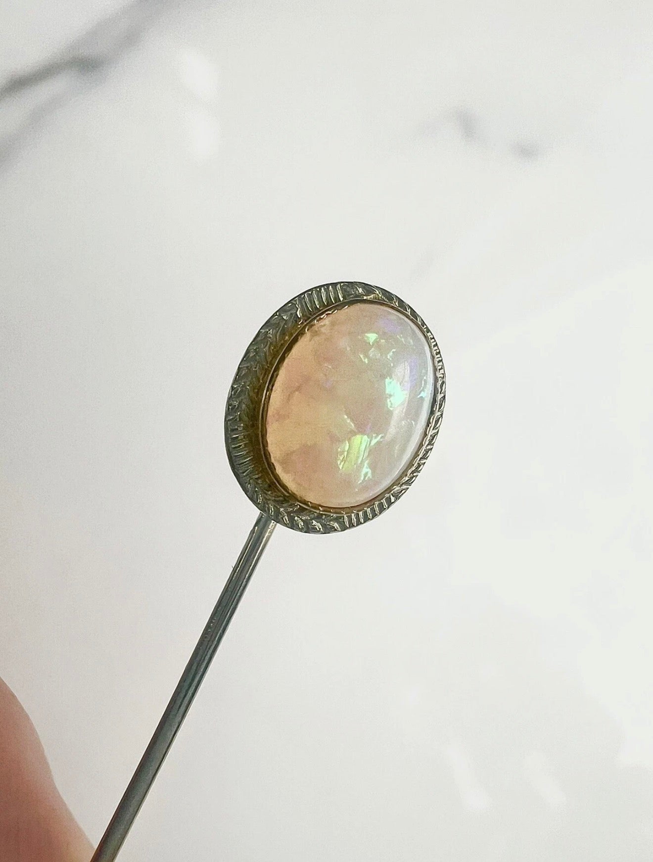 ANTIQUE • Art Deco 14k White Gold w/ Australian Opal Cabochon Stick Pin