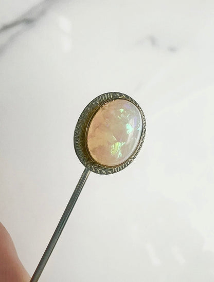 ANTIQUE • Art Deco 14k White Gold w/ Australian Opal Cabochon Stick Pin