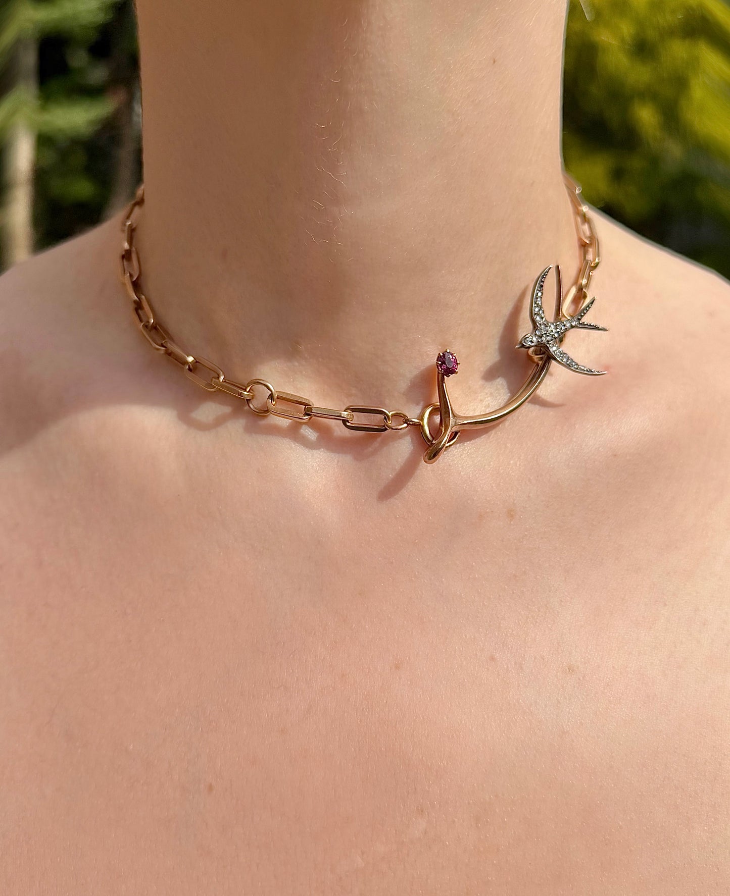 ANTIQUE • Victorian 14k Yellow Gold & Silver w/ Old Cut Diamonds & Rubies Wishbone Swallow Brooch