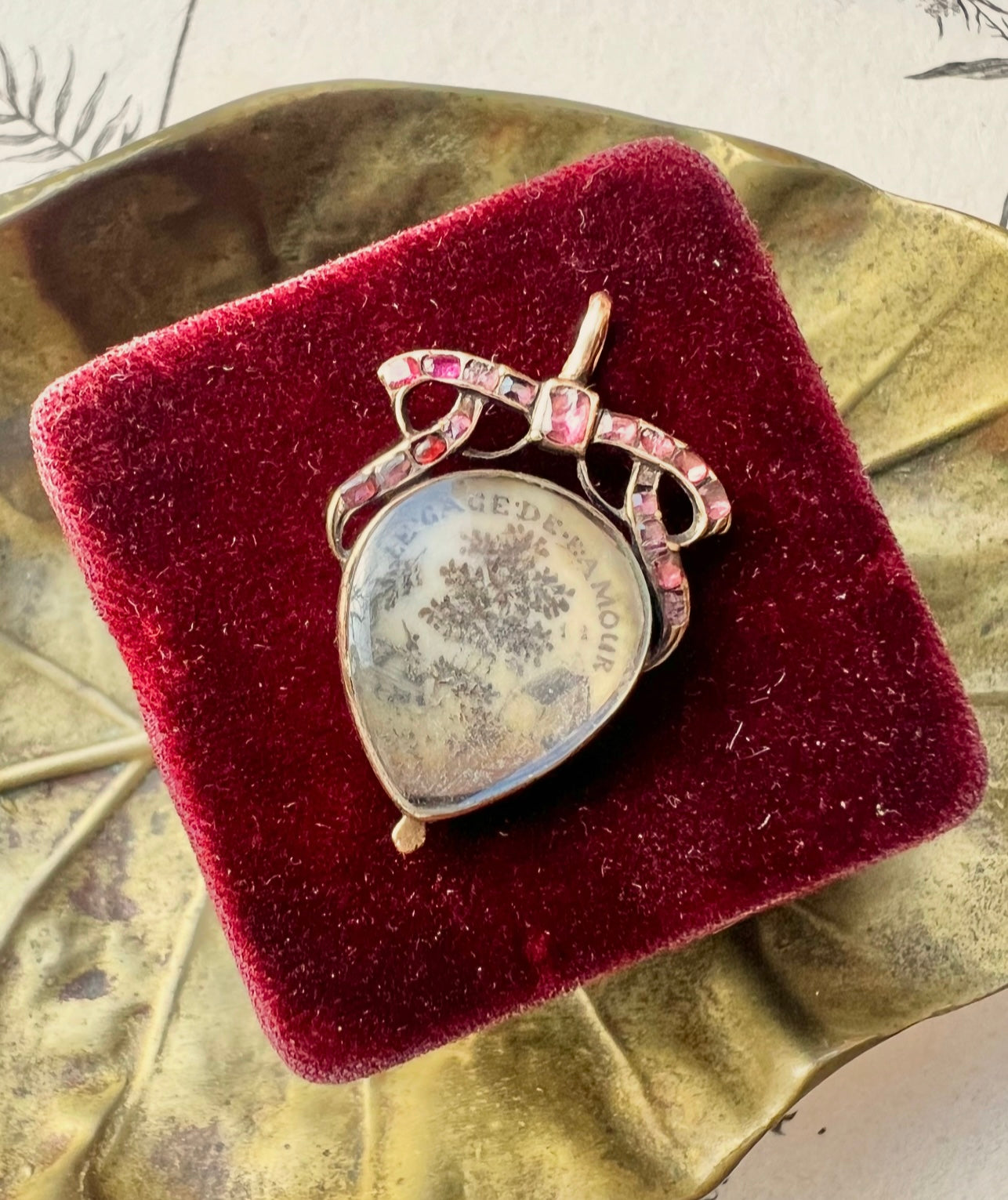 ANTIQUE • Georgian Rosy Yellow Gold Amatory Heart Pendant w/ Almandine Garnets