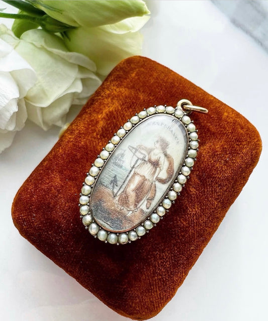 ANTIQUE • Georgian Rosy Gold Sepia & Watercolor Miniature Mourning Portrait Pendant c. 1780