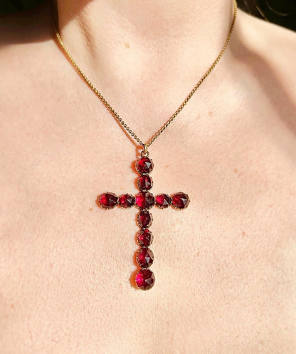 ANTIQUE • Georgian 14k Yellow Gold French Perpignan Garnet Cross Pendant