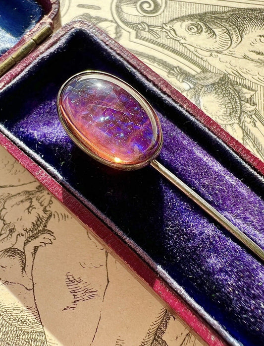 ANTIQUE • Victorian Sterling Silver w/ Dragons Breath Cabochon Stick Pin