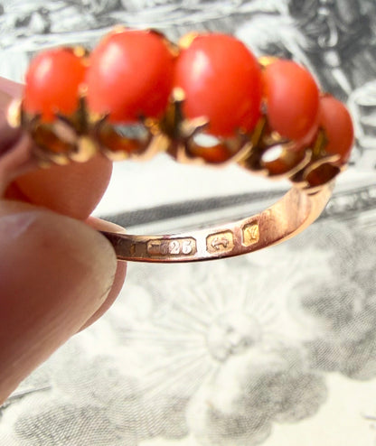 ANTIQUE • Victorian 15ct Yellow Gold Natural Coral 5-Stone Ring