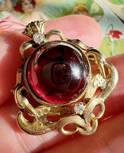 ANTIQUE • Art Nouveau 14k Yellow Gold Gold Flora & Fauna w/ Garnet Carbuncle Cabochon Brooch