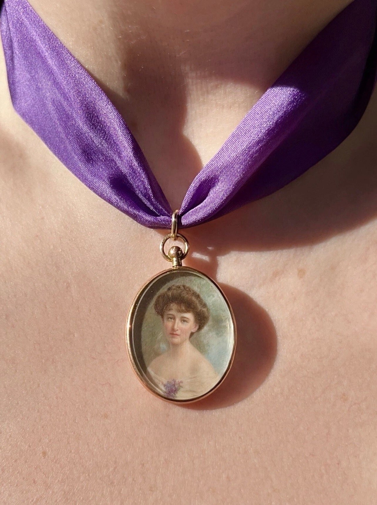 ANTIQUE • Art Nouveau 9ct Rose Gold Guache Miniature Maiden Portrait Pendant