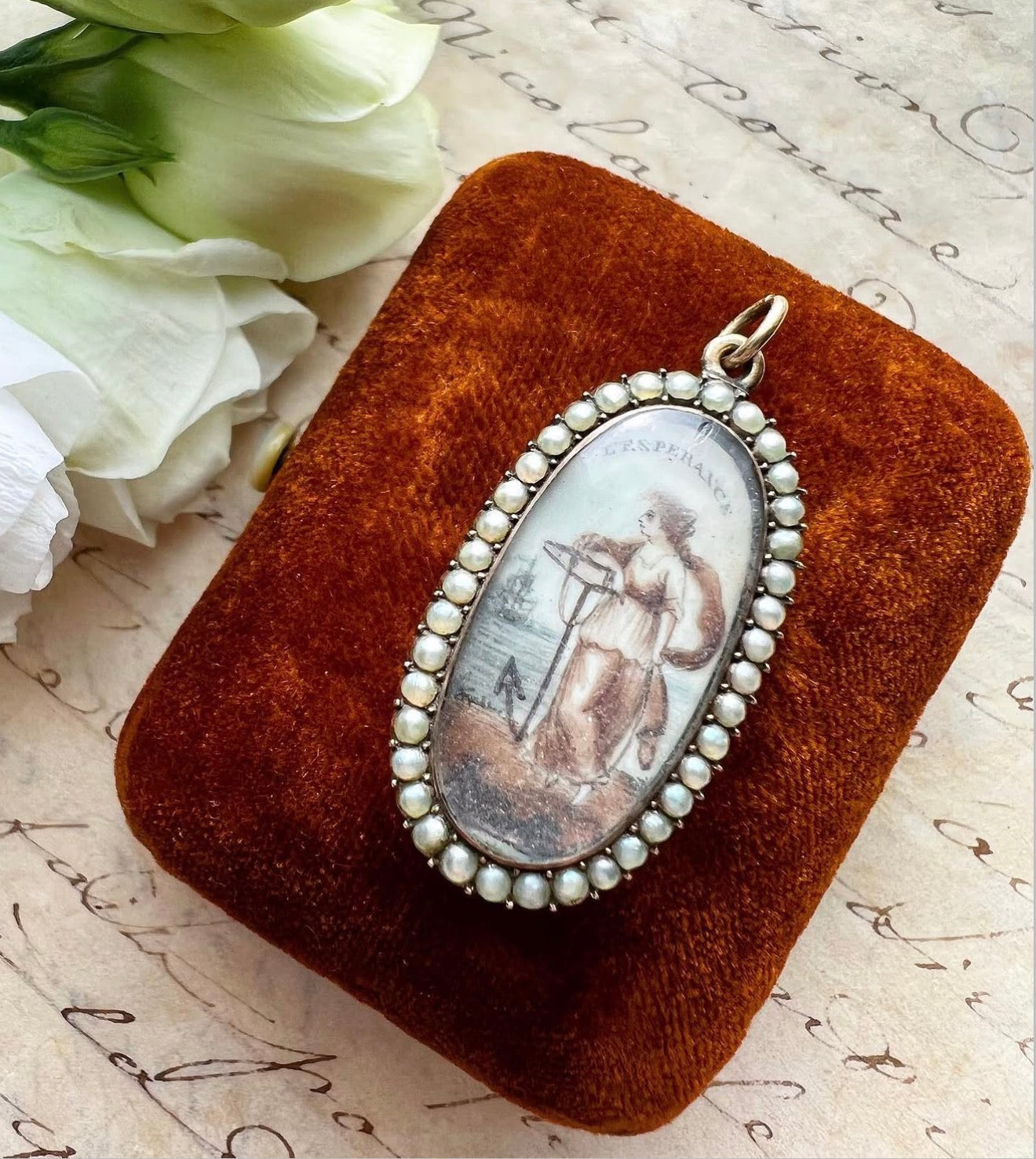ANTIQUE • Georgian Rosy Gold Sepia & Watercolor Miniature Mourning Portrait Pendant c. 1780