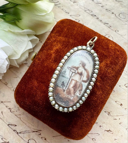 ANTIQUE • Georgian Rosy Gold Sepia & Watercolor Miniature Mourning Portrait Pendant c. 1780