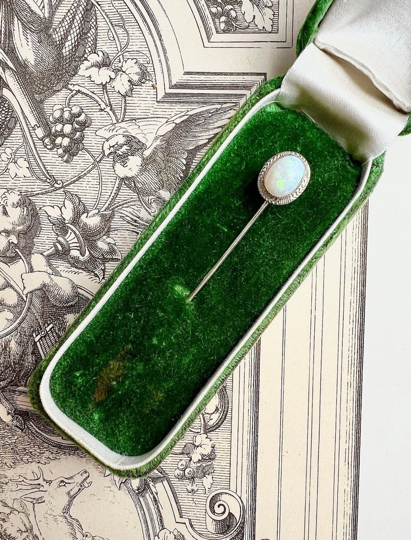 ANTIQUE • Art Deco 14k White Gold w/ Australian Opal Cabochon Stick Pin