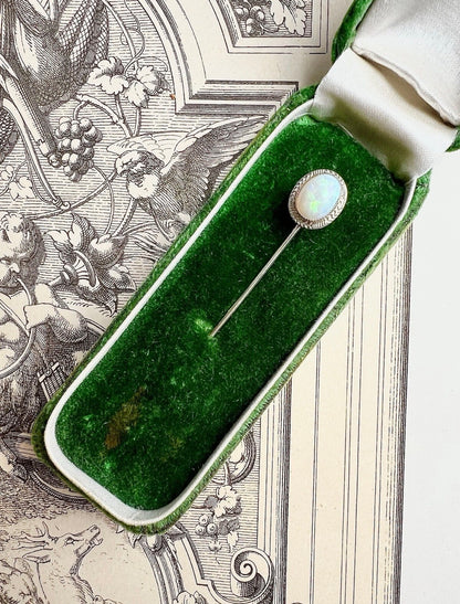 ANTIQUE • Art Deco 14k White Gold w/ Australian Opal Cabochon Stick Pin