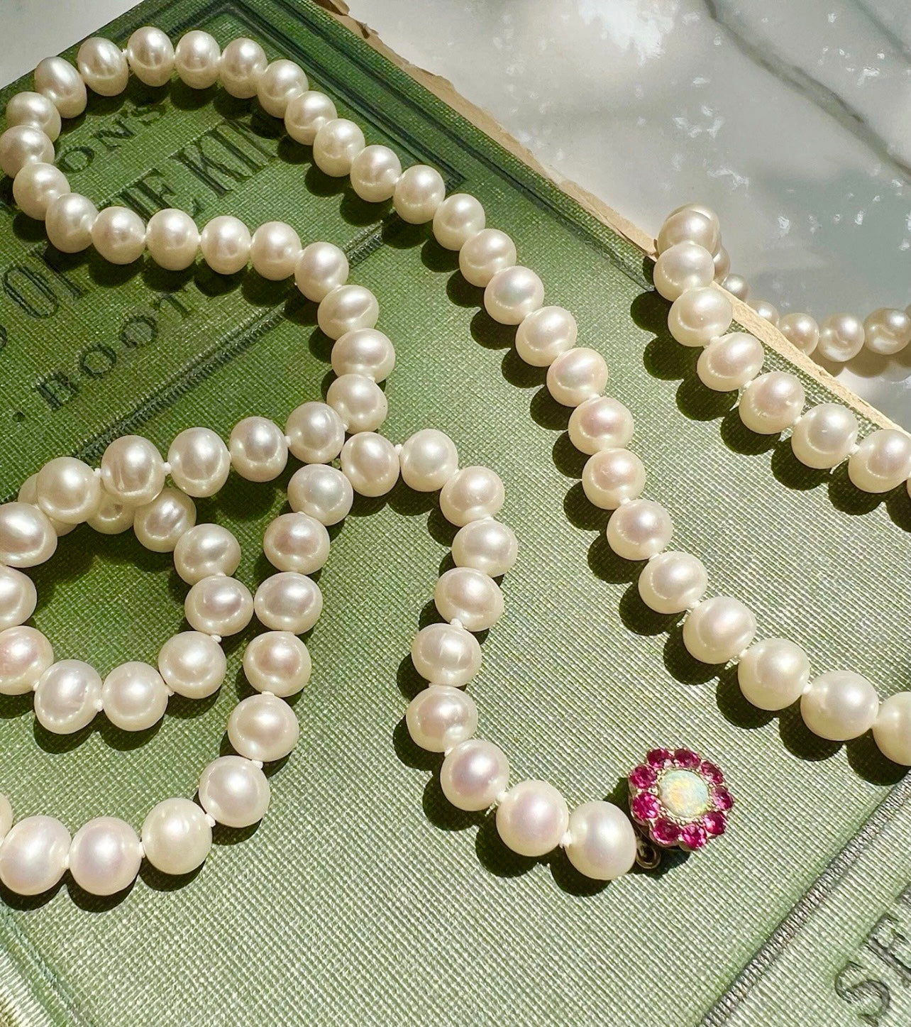 ANTIQUE • Victorian 14k Gold w/ Ruby & Opal Pearl Strand Necklace