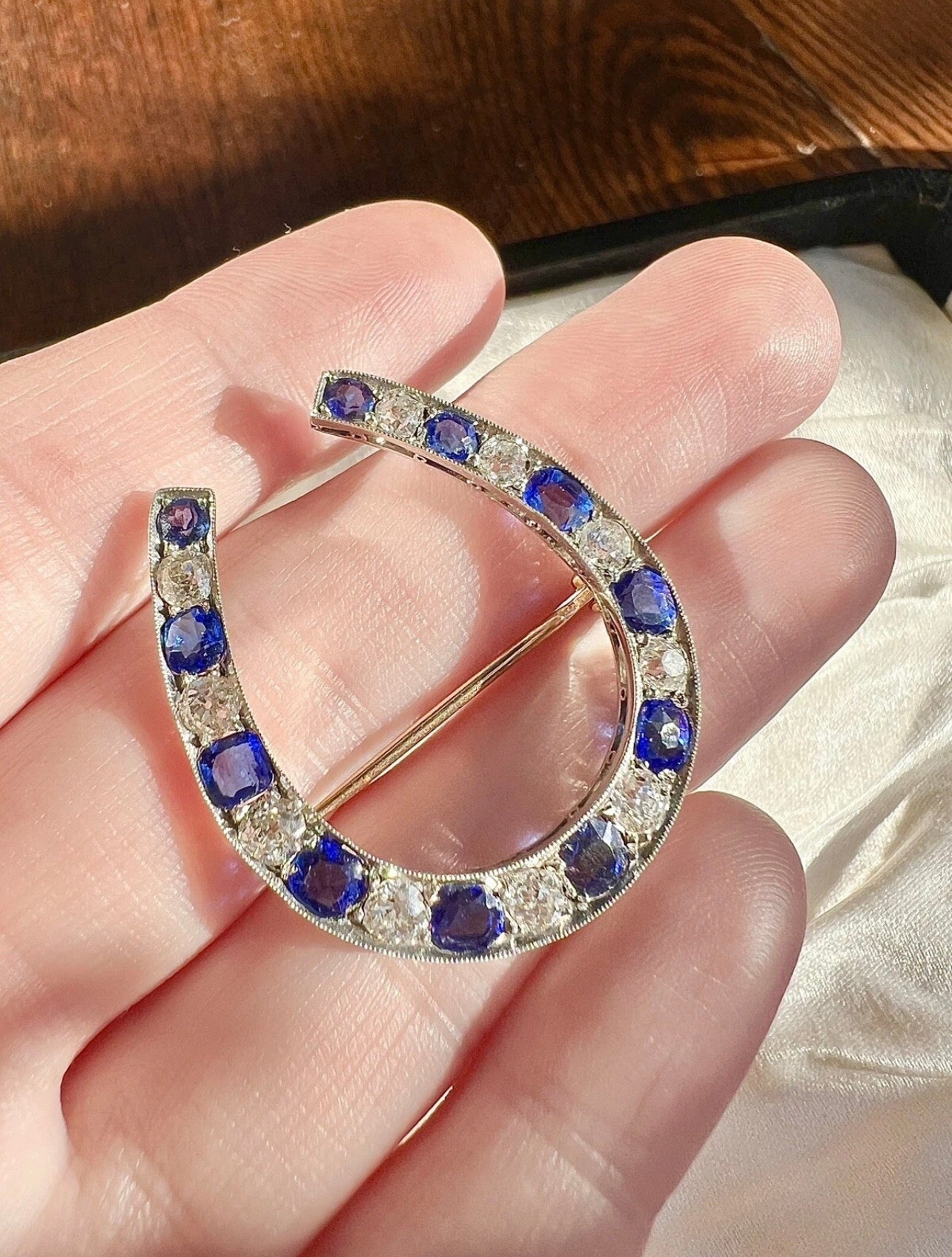 ANTIQUE • Victorian 14k Gold w/Rhodium Ceylon Sapphire & OMC Diamond Horseshoe