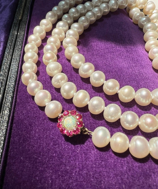 ANTIQUE • Victorian 14k Gold w/ Ruby & Opal Pearl Strand Necklace