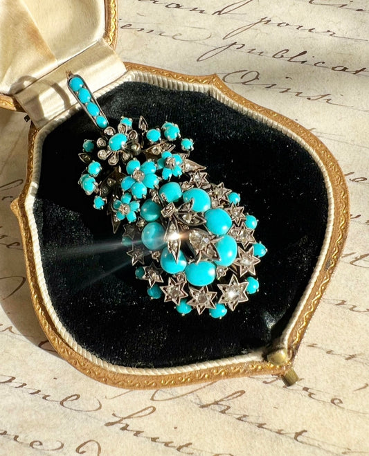 ANTIQUE • Victorian 14k Silver-Topped Gold Persian Turquoise & Rose Cut Diamond Pendant/Brooch