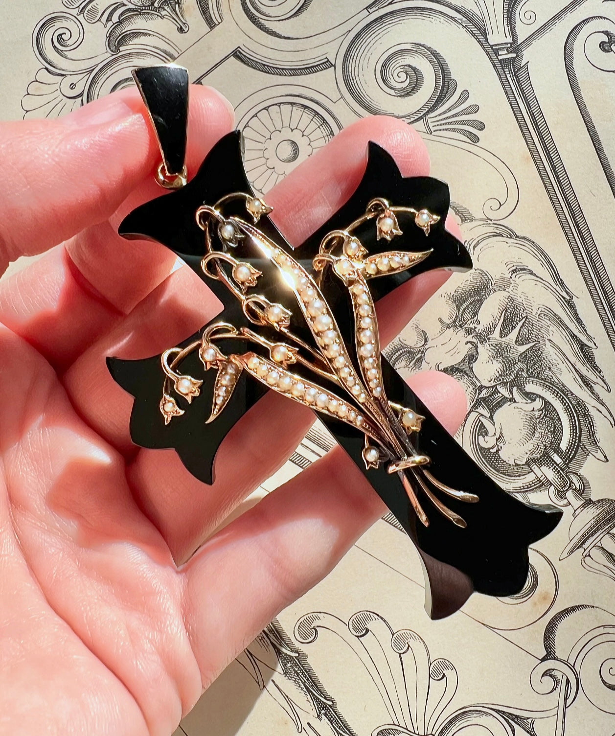 RESERVED • Victorian Onyx 14k Yellow Gold w/ Seed Pearls Mourning Cross Pendant (Payment Plan for “CM”)