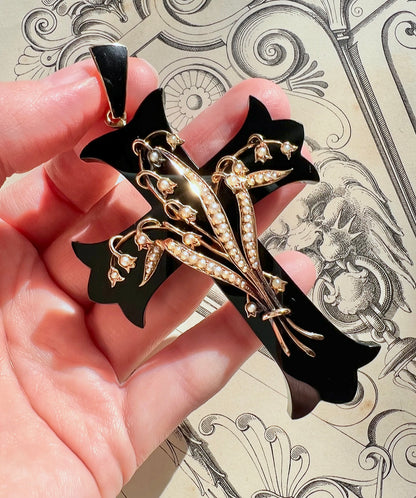 RESERVED • Victorian Onyx 14k Yellow Gold w/ Seed Pearls Mourning Cross Pendant (Payment Plan for “CM”)