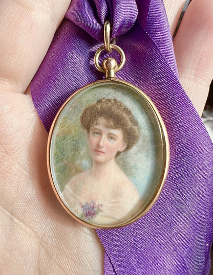 ANTIQUE • Art Nouveau 9ct Rose Gold Guache Miniature Maiden Portrait Pendant