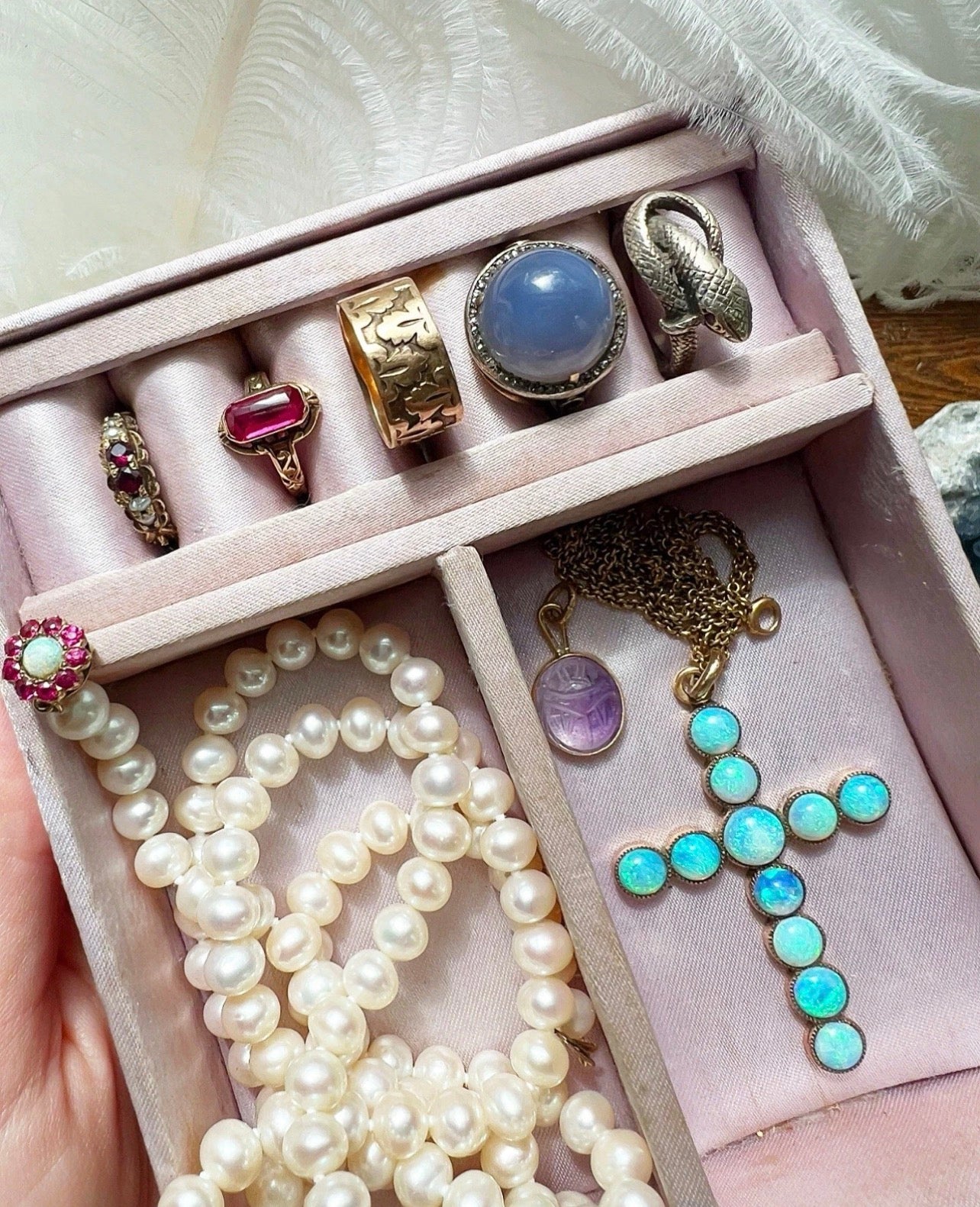 ANTIQUE • Victorian 14k Gold w/ Ruby & Opal Pearl Strand Necklace