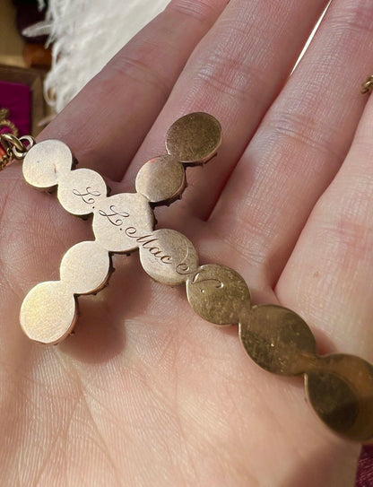 ANTIQUE • Georgian 14k Yellow Gold French Perpignan Garnet Cross Pendant