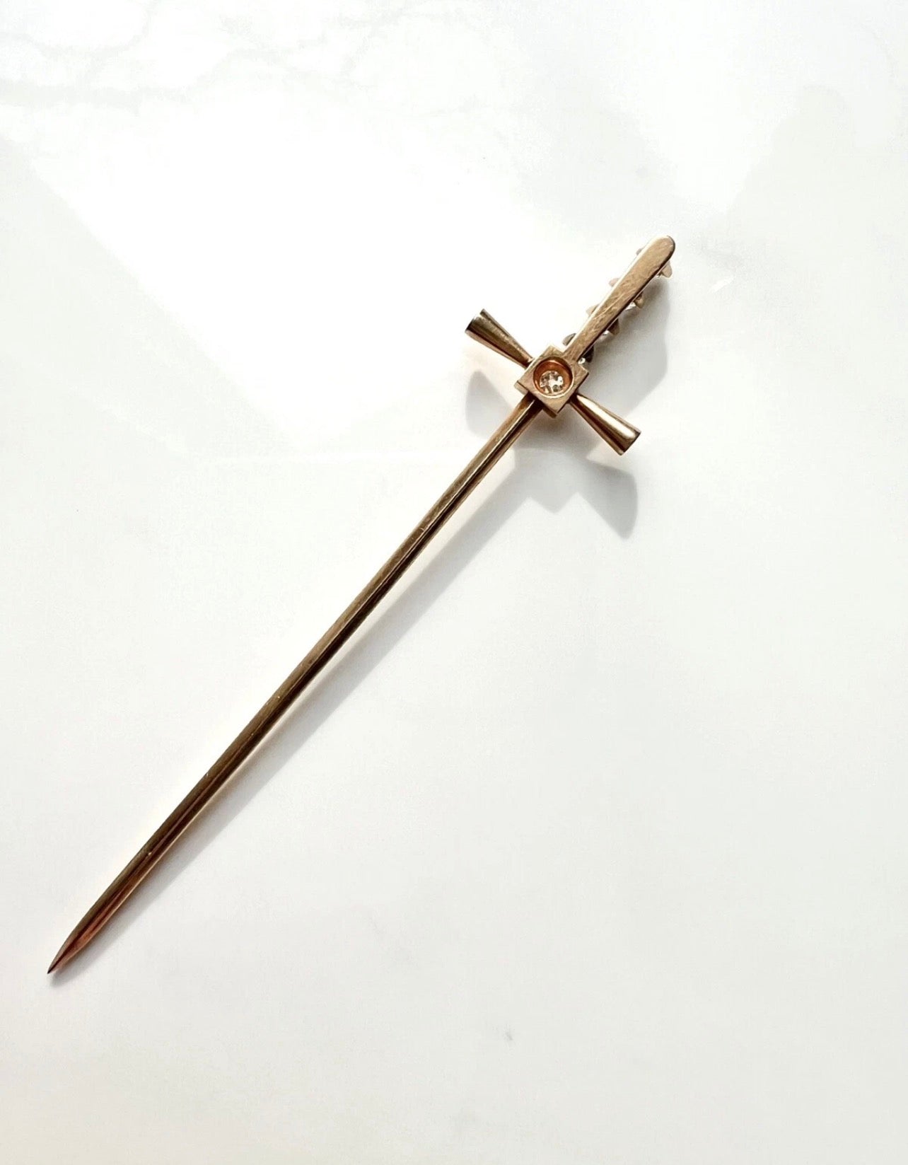 ANTIQUE • Art Deco 14k Yellow Gold w/ Old Mine Cut Diamonds Sword Stick Pin