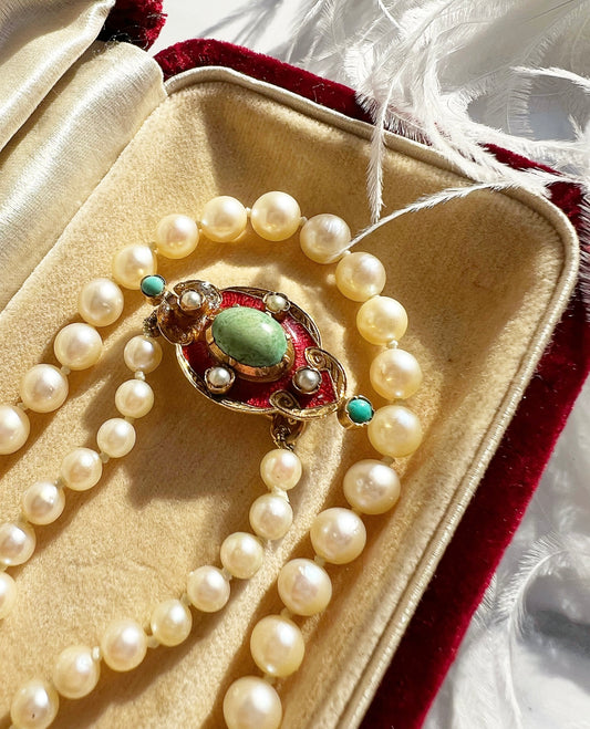 ANTIQUE • Victorian 15ct Yellow Gold Graduated Pearl Necklace w/ Turquoise, Seed Pearl & Guilloche Enamel Clasp