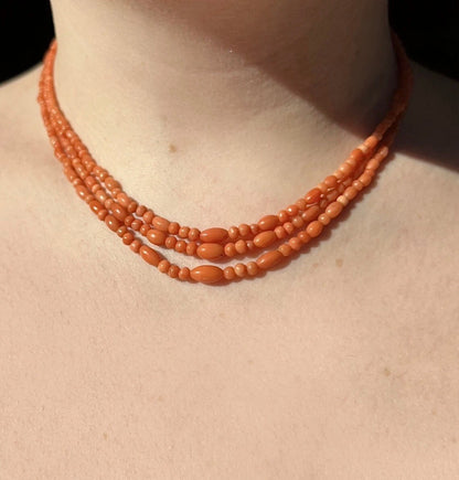 ANTIQUE • Victorian 14k Yellow Gold w/ Natural Coral Multi-Strand Necklace