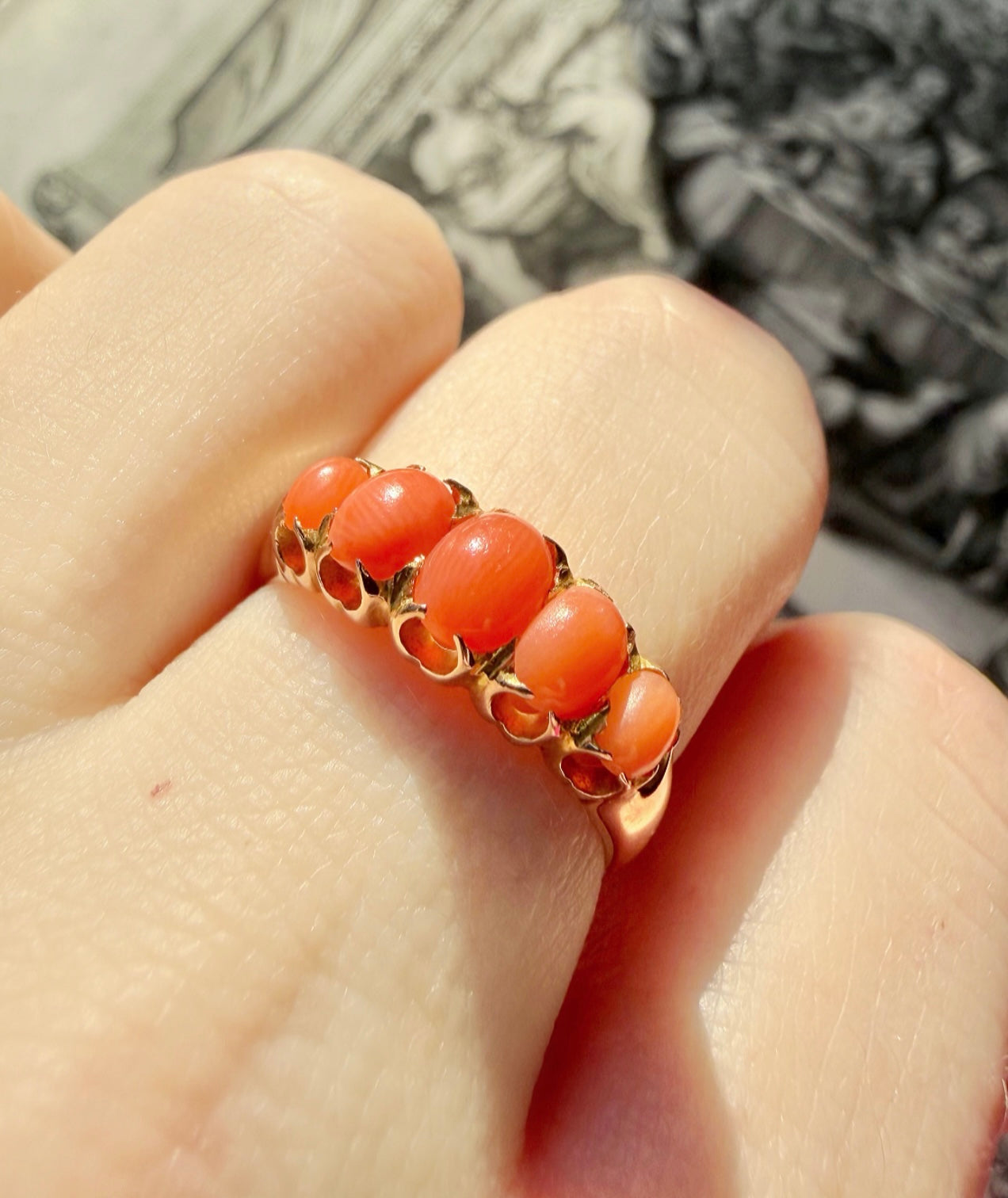 ANTIQUE • Victorian 15ct Yellow Gold Natural Coral 5-Stone Ring