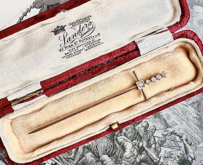 ANTIQUE • Art Deco 14k Yellow Gold w/ Old Mine Cut Diamonds Sword Stick Pin