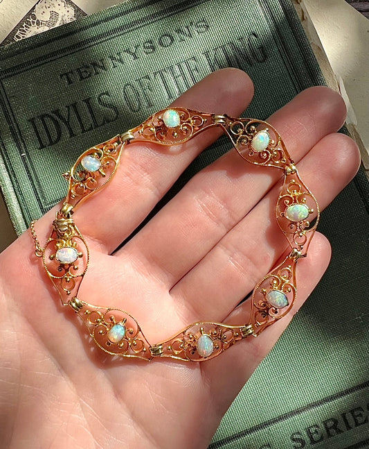 ANTIQUE • Art Nouveau 9ct Yellow Gold Filigree Australian Opal Bracelet