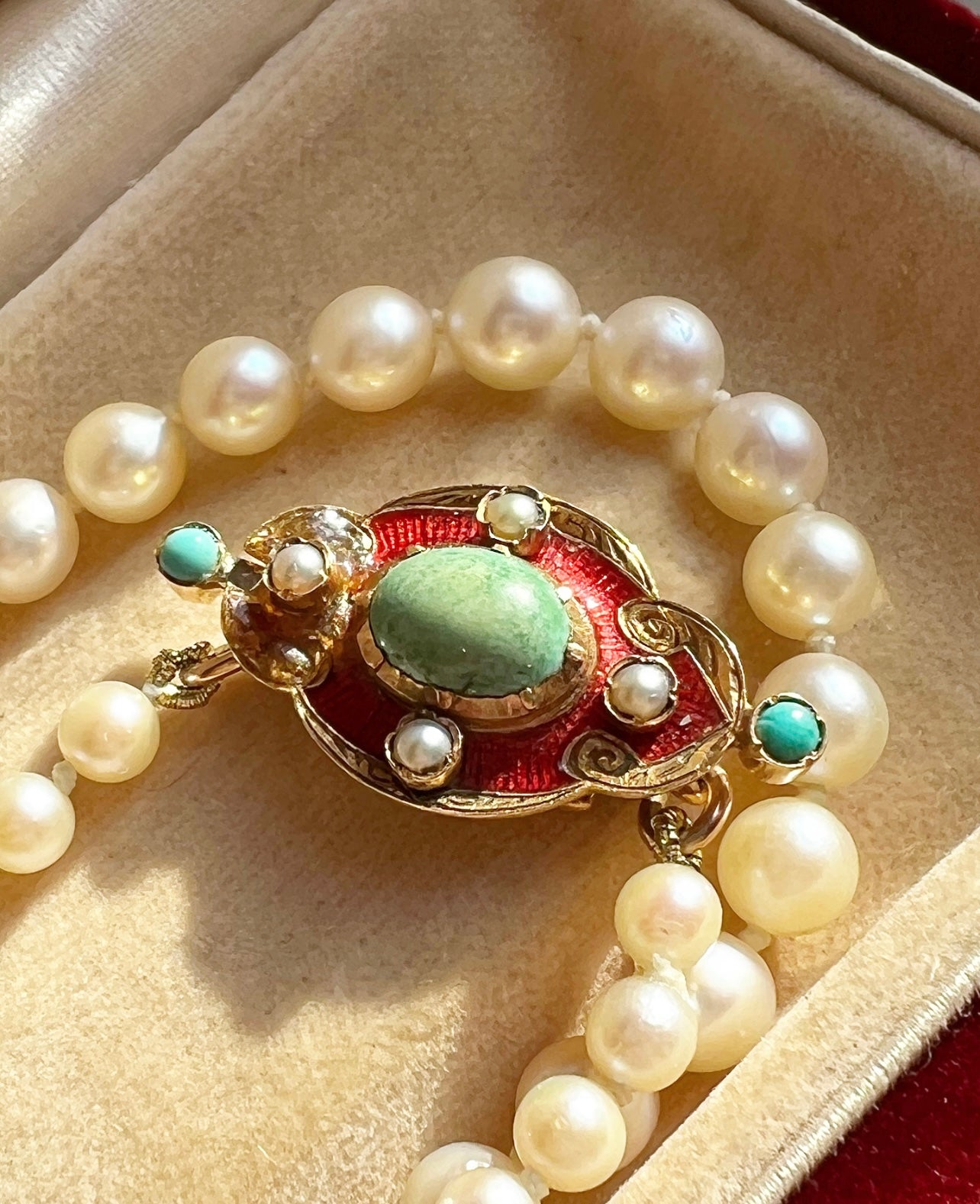 ANTIQUE • Victorian 15ct Yellow Gold Graduated Pearl Necklace w/ Turquoise, Seed Pearl & Guilloche Enamel Clasp