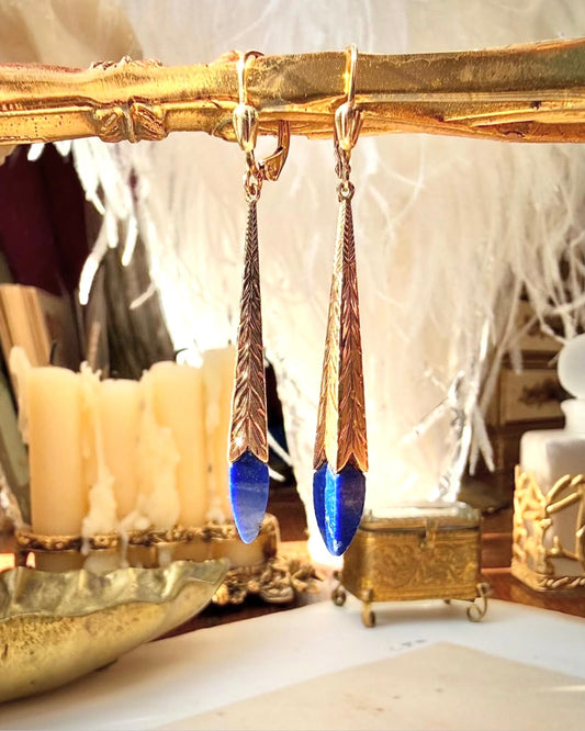 ANTIQUE • Art Deco 14k Yellow Gold Engraved Lapis Lazuli Drop Earrings