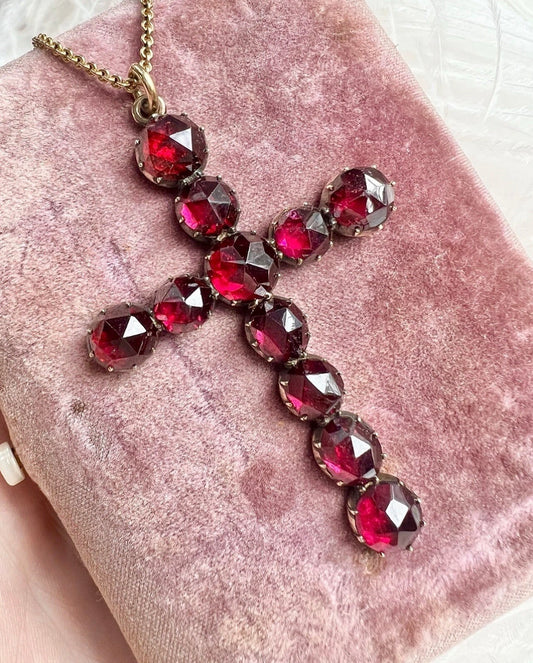ANTIQUE • Georgian 14k Yellow Gold French Perpignan Garnet Cross Pendant
