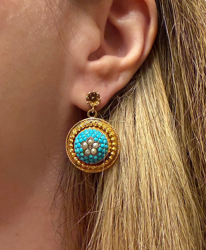 ANTIQUE • Victorian 14k Yellow Gold Celestial Earrings w/ Persian Turquoise, Sea Pearls & Rose Cut Diamonds