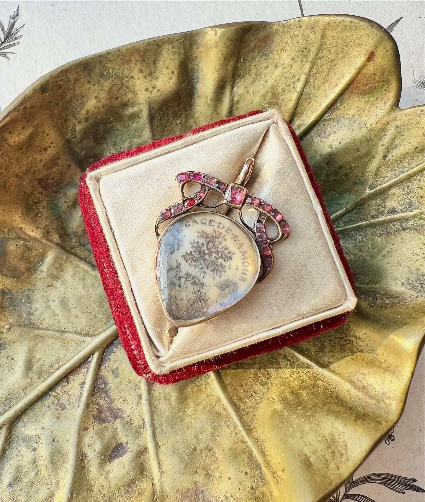 ANTIQUE • Georgian Rosy Yellow Gold Amatory Heart Pendant w/ Almandine Garnets