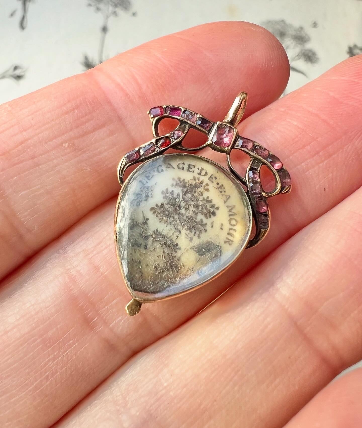 ANTIQUE • Georgian Rosy Yellow Gold Amatory Heart Pendant w/ Almandine Garnets