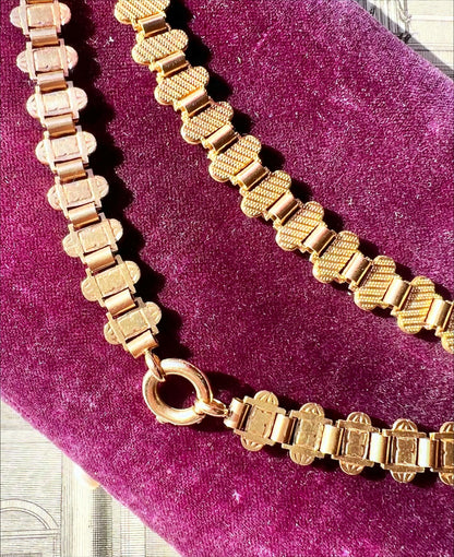 ANTIQUE • Victorian 9ct Yellow Gold Reversible Engraved Book Chain Collar Necklace