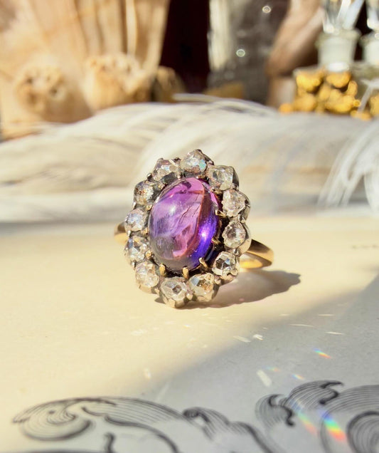 ANTIQUE • Victorian 14k Yellow Gold & Silver Amethyst w/ Foiled Back Rose Cut Diamonds Ring