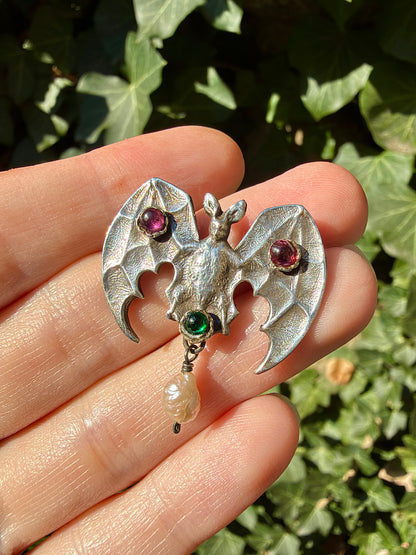 ANTIQUE • Art Nouveau Sterling Silver w/ Paste Gemstones Bat Brooch