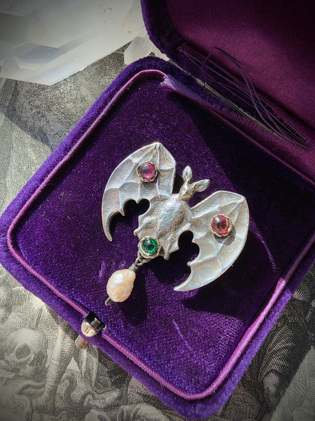ANTIQUE • Art Nouveau Sterling Silver w/ Paste Gemstones Bat Brooch