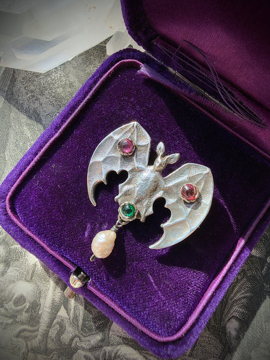 ANTIQUE • Art Nouveau Sterling Silver w/ Paste Gemstones Bat Brooch
