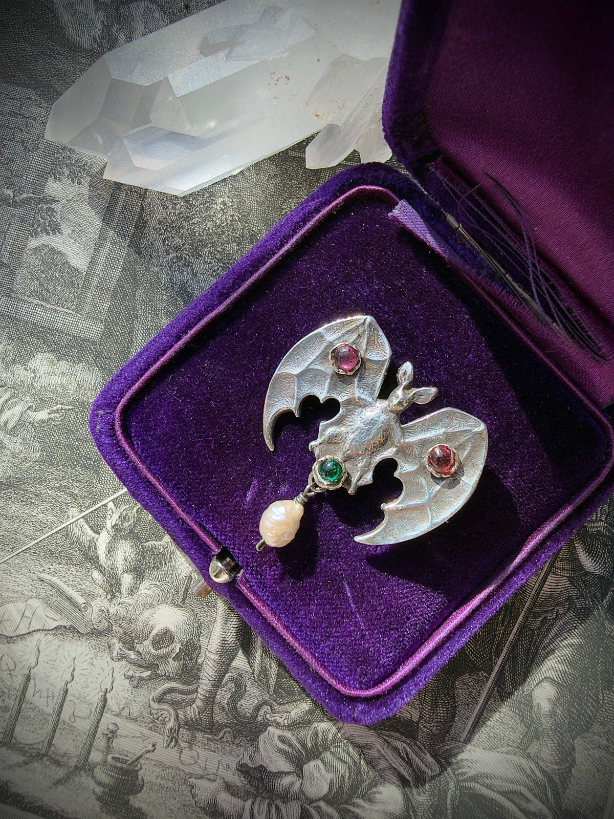 ANTIQUE • Art Nouveau Sterling Silver w/ Paste Gemstones Bat Brooch